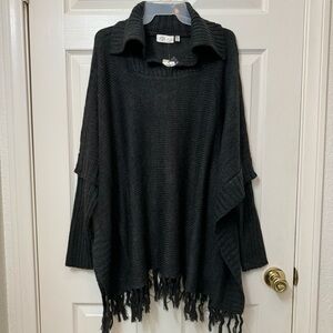 RD Style Gray Pullover Long Sleeve Poncho Sweater Women Large Fringe Bottom Hem